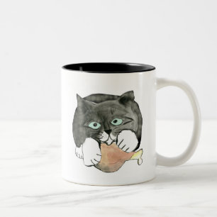 George, die Katze, hat weg mit einem Hühnerbein Zweifarbige Tasse