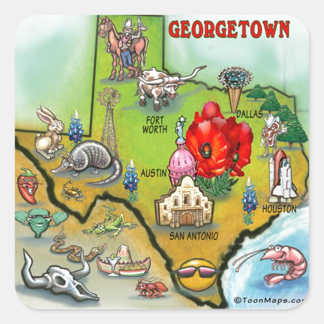 Georgetown Texas Cartoon Karte Quadratischer Aufkleber (Vorderseite)