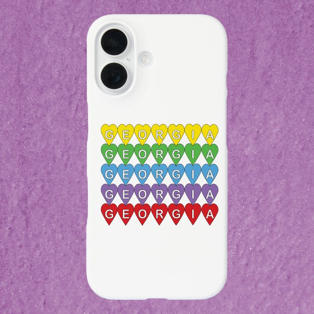 Georgia Bunte Herzen iPhone 16 Hülle (A phone case that says Georgia in yellow, green, blue, purple and red hearts.)