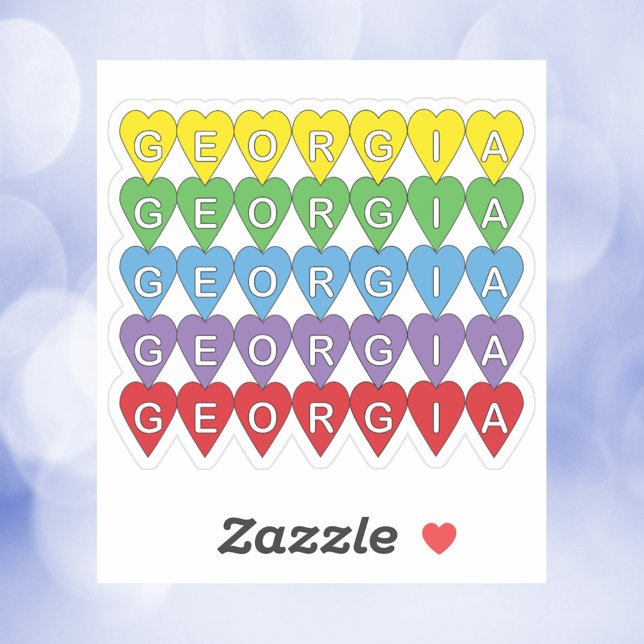 Georgia Heart Pattern Rainbow Aufkleber (A die cut sticker that says Georgia in yellow, green, blue, purple and red hearts.)