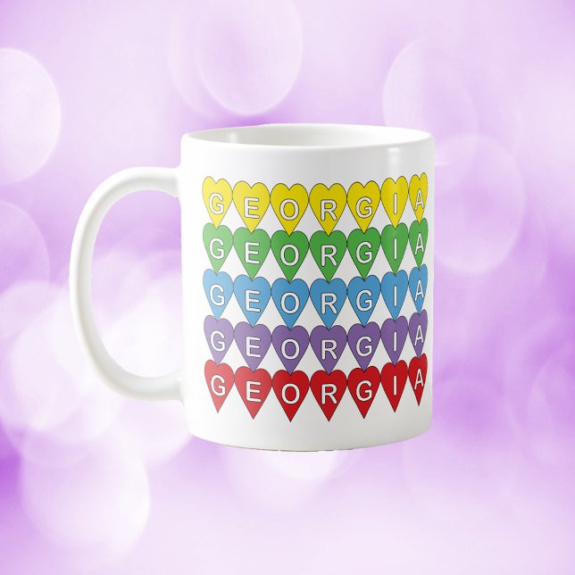 Georgia-Herzmuster-Regenbogen Kaffeetasse (A mug that says Georgia inside colorful hearts!)