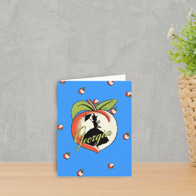 Georgia Peach Note Card Karte (Silhouette Southern Belle hoop skirt on big Georgia peach on vibrant blue notecards.)