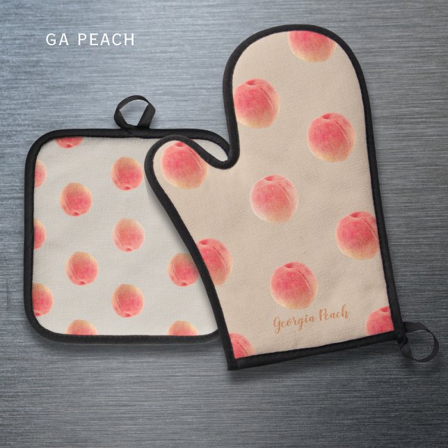 Georgia Peach Pattern Oven Mitt & Pot Holder Set  (Georgia Peach Pot Holder and Oven Mit is customizeable and a great addition to your kitchen!)