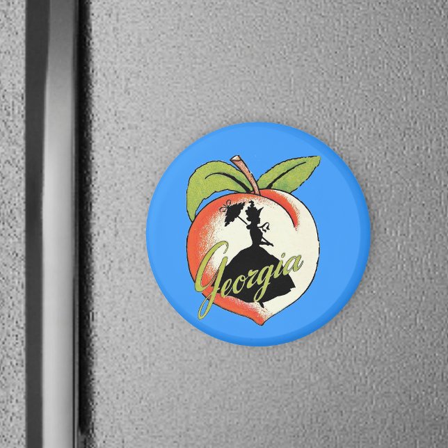 Georgia Peach Vintag Southern Lady Parasol Magnet (Silhouette Southern bell hoop skirt on Georgia Peach on vibrant blue round magnet.)