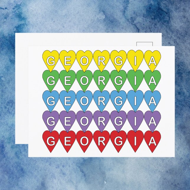 Georgia US Staat Hearts Rainbow Postkarte (A postcard that says Georgia in colorful hearts.)