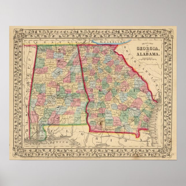 Georgien, Alabama Karte von Mitchell Poster (Vorne)