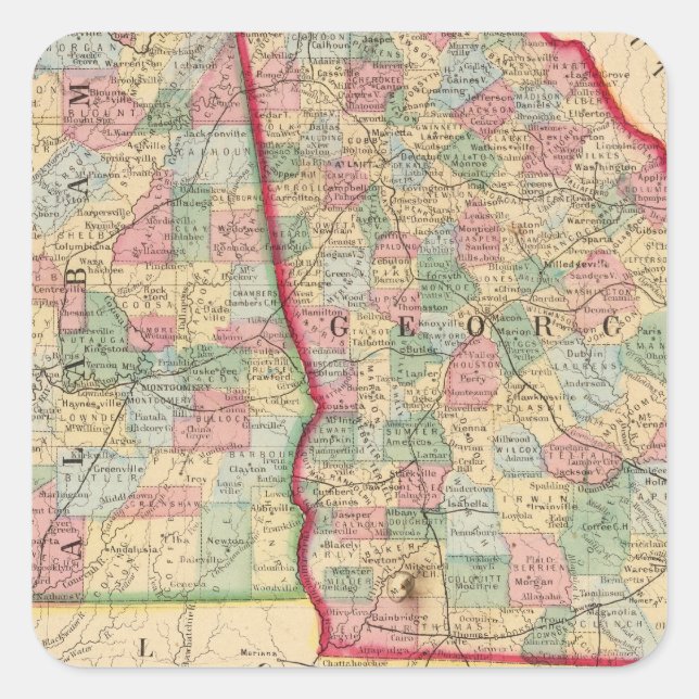 Georgien, Alabama Karte von Mitchell Quadratischer Aufkleber (Vorderseite)