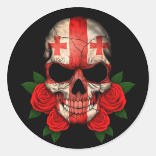 Georgischer Flaggen-Schädel mit Roten Rosen Runder Aufkleber