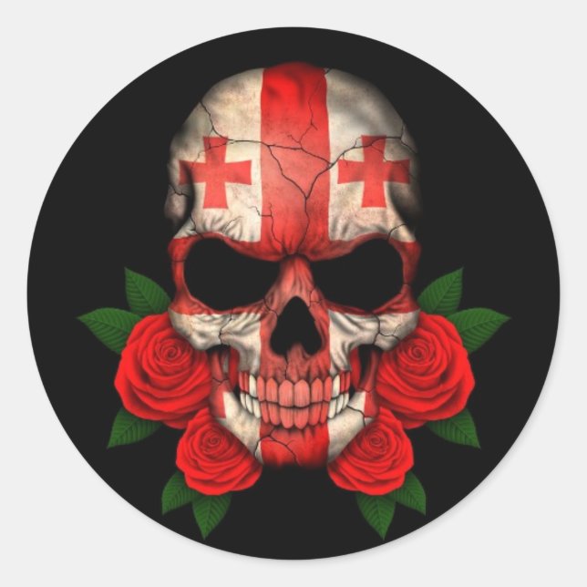 georgischer Flaggenschädel mit Rote Rosen Runder Aufkleber (Vorderseite)