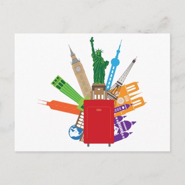 Gepäck für Weltreisen mit berühmten Sehenswürdigke Postkarte (Vorderseite)