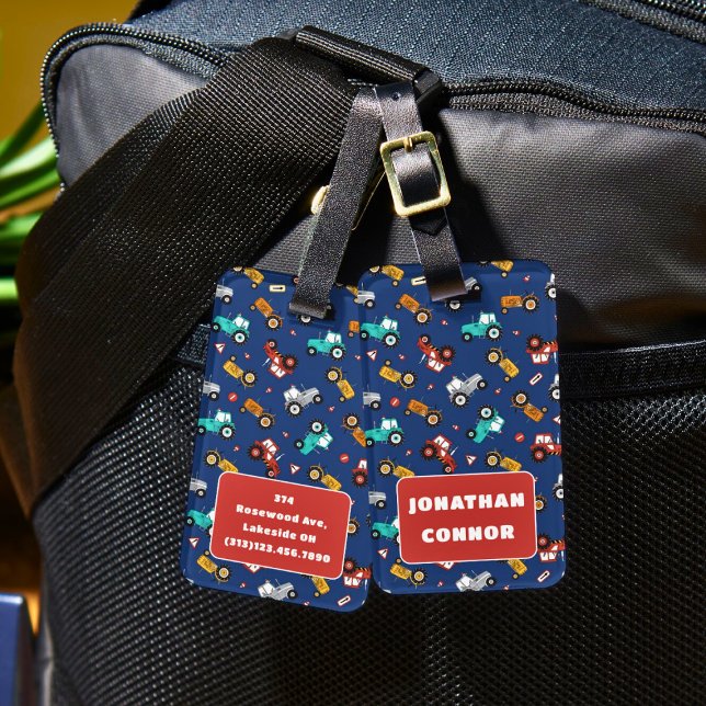 Gepäckanhänger für Jungen mit handgezogenen Trakto (Hand Drawn Tractors Pattern Luggage Tag For Boys)