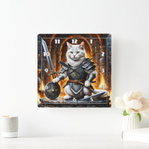 gepanzerte Katze mit Schwert und Schild Quadratische Wanduhr