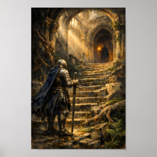 Gepanzerter Ritter, der einer verhüllten Figur im  Poster