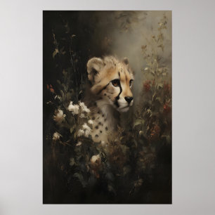 Gepard in Wildblumen Vintage-Ölgemälde, dunkel Poster