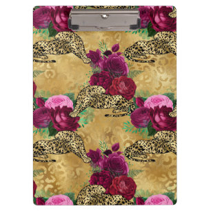 Gepard Leopard Rote Rose Florales Blumenmuster Klemmbrett