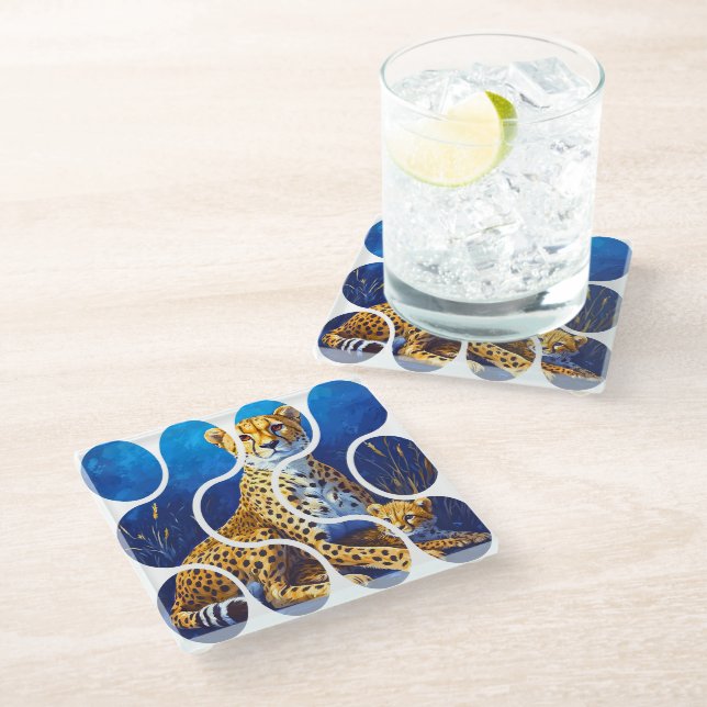 Gepardmutter und Jungtier Wildlife Design Glasuntersetzer (Schrägansicht)
