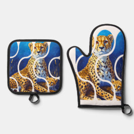 Gepardmutter und Jungtier Wildlife Design Ofenhandschuh & Topflappen-Set
