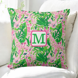 Gepflegte Giraffen Rosa Grün Tropisches Monogramm Kissen