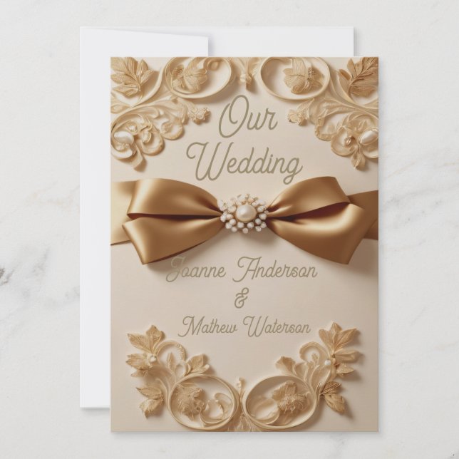 Geprägte Blumenhochzeitseinladung – Satinschleife  Einladung (Vorderseite)