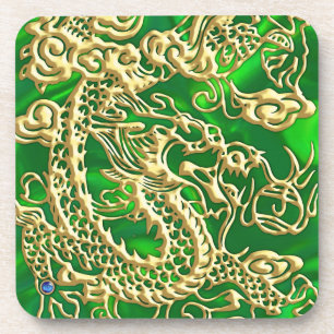 Geprägter goldener Drache auf grünem Satin-Druck Getränkeuntersetzer