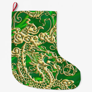 Geprägter goldener Drache auf grünem Satin-Druck Großer Weihnachtsstrumpf