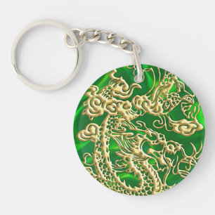 Geprägter goldener Drache auf grünem Satin-Druck Schlüsselanhänger