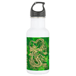 Geprägter Goldener Drache auf Grünem Satin-Druck Trinkflasche