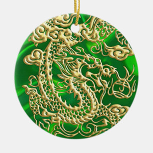 Geprägter goldener Drache auf grünem Satin Keramikornament