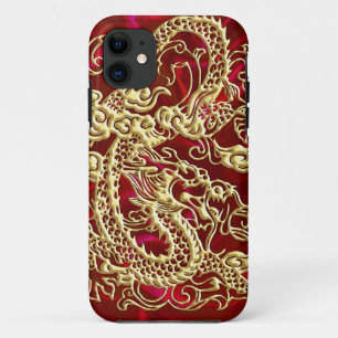 geprägter goldener Drache auf rotem Satin-Druck title_seo2