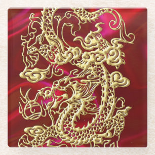 Geprägter goldener Drache auf rotem Satin-Druck Glasuntersetzer