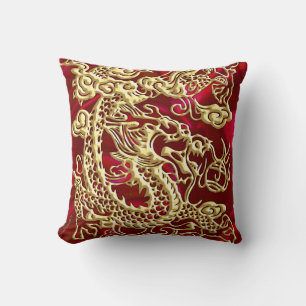 Geprägter Goldener Drache auf rotem Satin-Druck Kissen