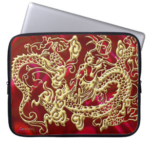 Geprägter goldener Drache auf rotem Satin-Druck Laptopschutzhülle