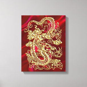 Geprägter goldener Drache auf rotem Satin-Druck Leinwanddruck