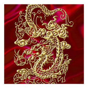 Geprägter goldener Drache auf rotem Satin-Druck Poster