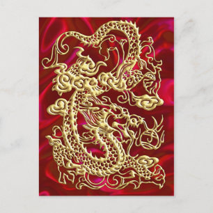 Geprägter goldener Drache auf rotem Satin-Druck Postkarte