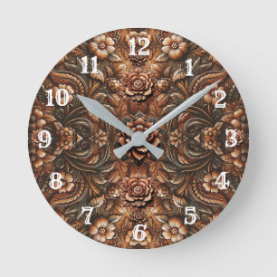Geprägtes vintage-blumenmuster Kunstleder-Optik Runde Wanduhr