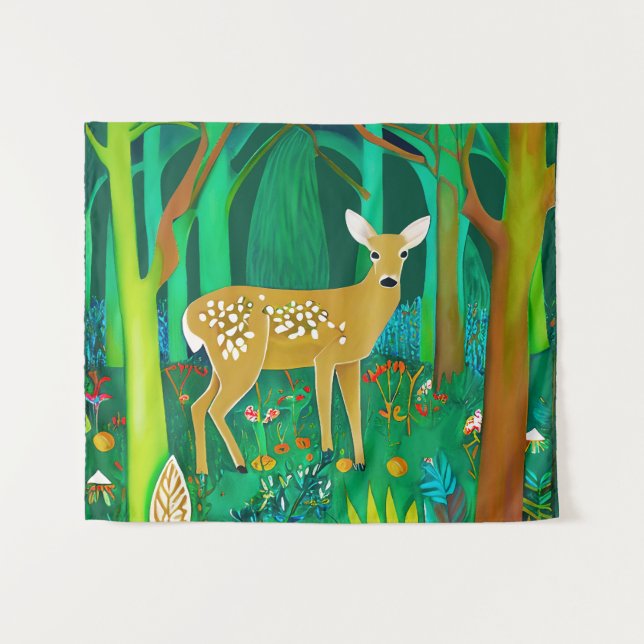 Gepunktete Fauna in einem Fantasy-Wald Wandteppich (Vorderseite (Horizontal))