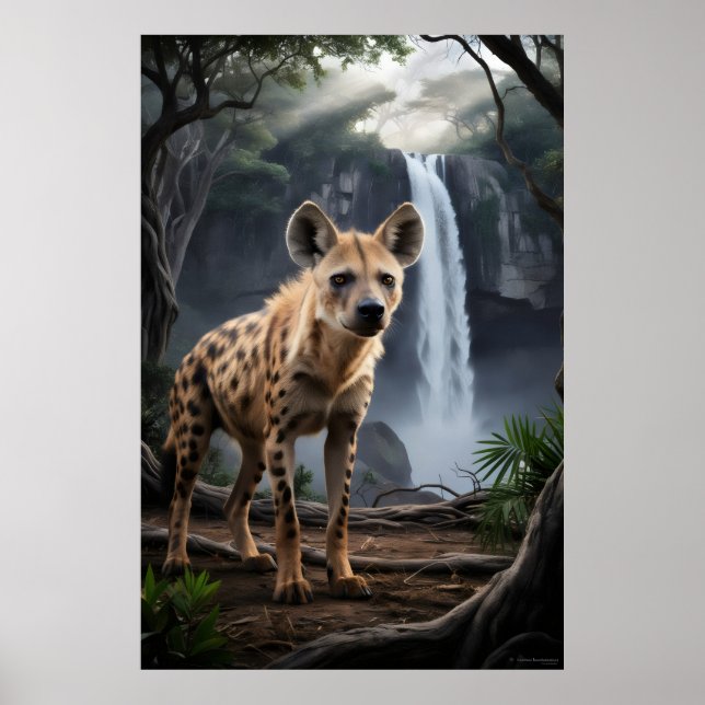 Gepunktete Hyäne durch Waldwasserfall Poster (Vorne)