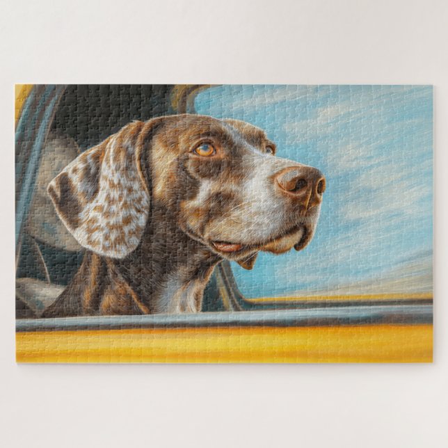 Gepunkteter Hund auf einem Auto Abenteuer Kunst (Horizontal)
