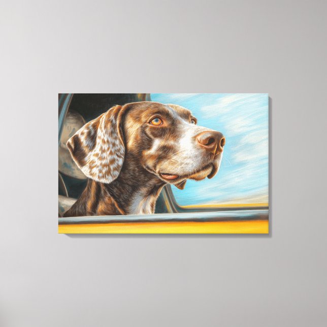 Gepunkteter Hund auf einem Auto Abenteuer Kunst Leinwanddruck (Vorderseite)