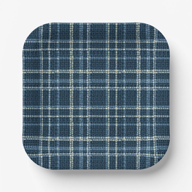 Gepunktetes kariertes Muster. grau-blau. Pappteller (Vorderseite)