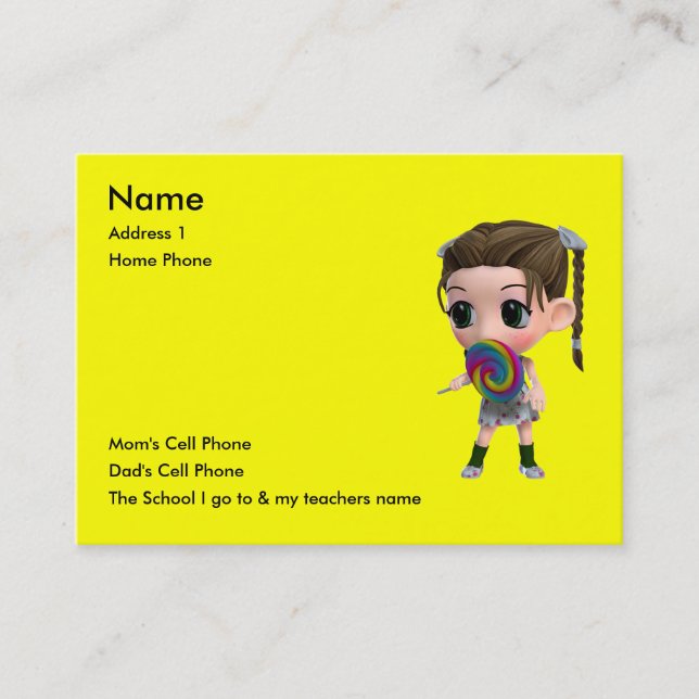 Gerade für Kinder Telefonnummerkarte (Vorderseite)