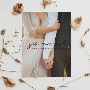Gerade geheiratet Süße Schrift Hochzeitsfoto Postkarte