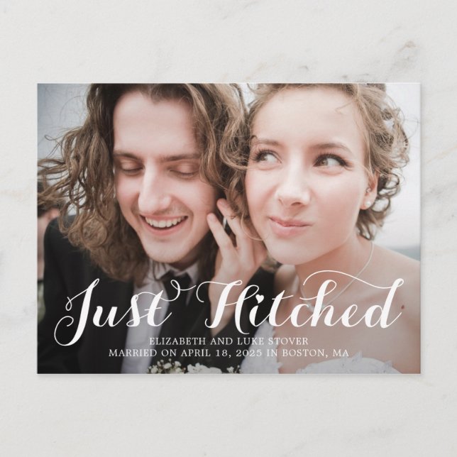 Gerade Hitched Wedding Announcement Elopement Postkarte (Vorderseite)