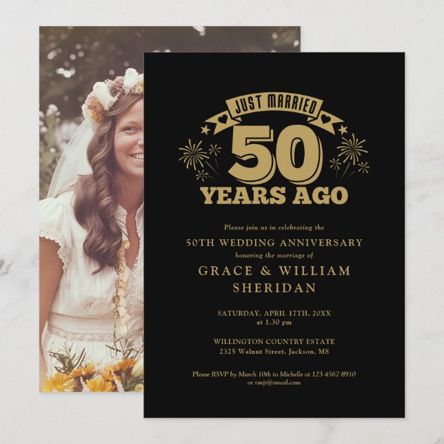 Gerade verheiratet 50 Jahre Foto Black and Gold Einladung (Vorne/Hinten)