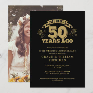 Gerade verheiratet 50 Jahre Foto Black and Gold Einladung