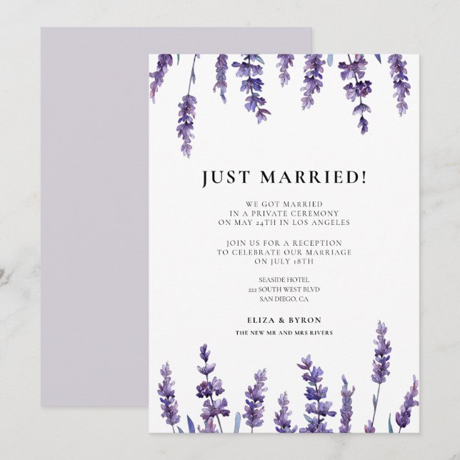 Gerade verheiratet Elegant lavender Hochzeitsankün Einladung (Vorne/Hinten)