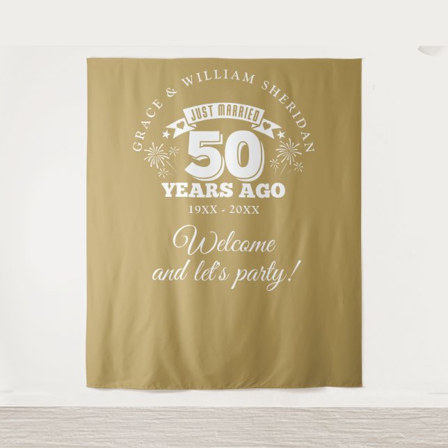 Gerade verheiratet Gold 50 Jahre Foto Hintergrund Wandteppich (Vorderseite)