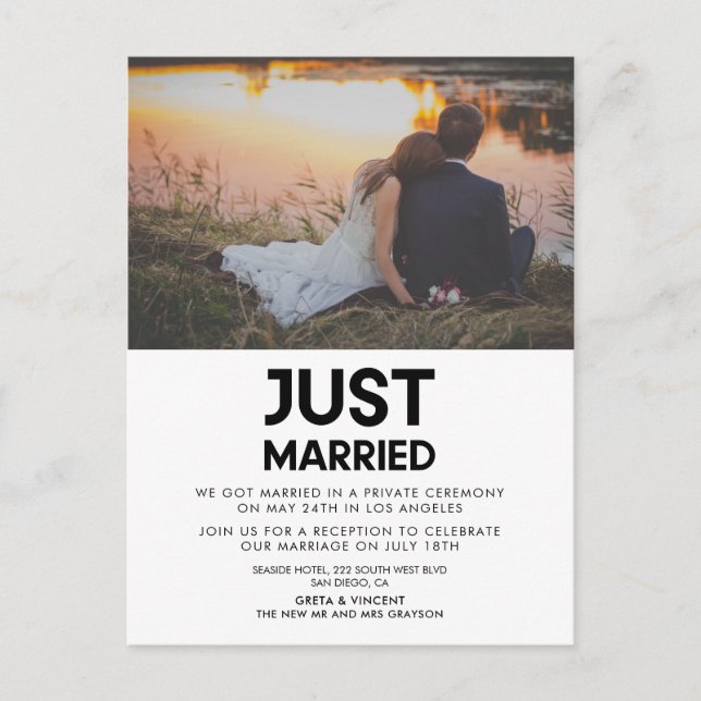 Gerade verheiratet Moderne Hochzeitsankündigung Fo Postkarte (Vorderseite)