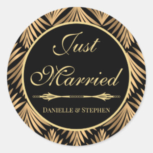 Gerade Verheiratet Schwarz Gold Art Deco Hochzeit Runder Aufkleber